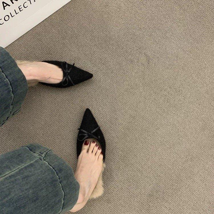 French fairy evening wind fluffy shoes female bag head half slippers 2025 spring new high heels velvet pointed muller shoes