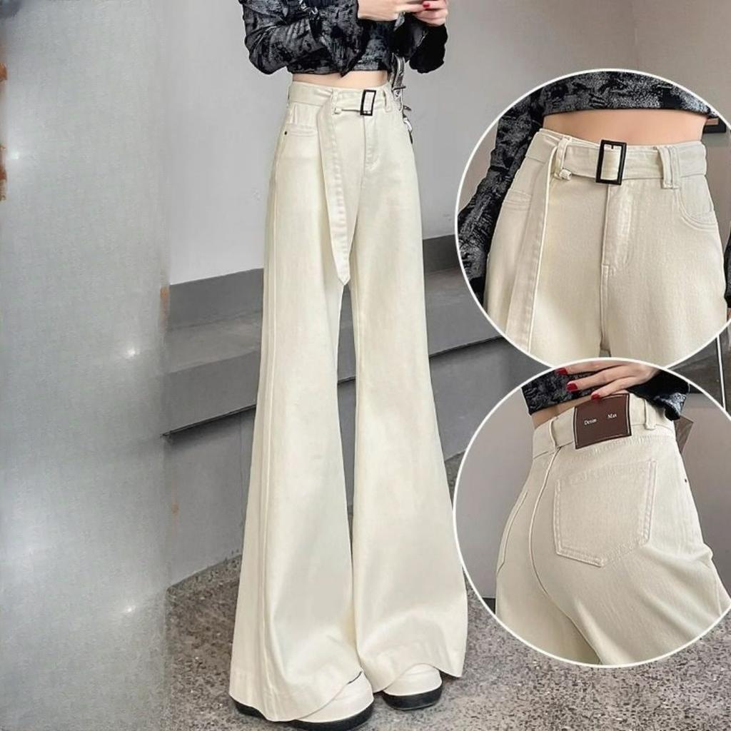 Big Size Belt Flare Jeans Women's Spring and Autumn Loose Not Sticking To The Leg Straight Wide Leg Trousers Jeans for Women Long Denim Pants