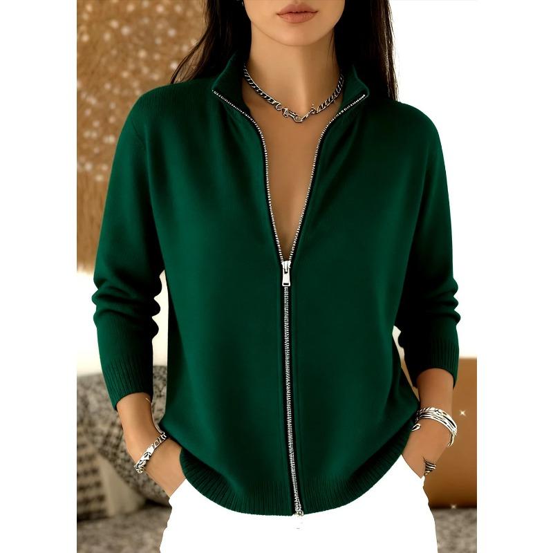 Women S Half High Neck Full Zip Long Sleeve Knit Cardigan Solid Color