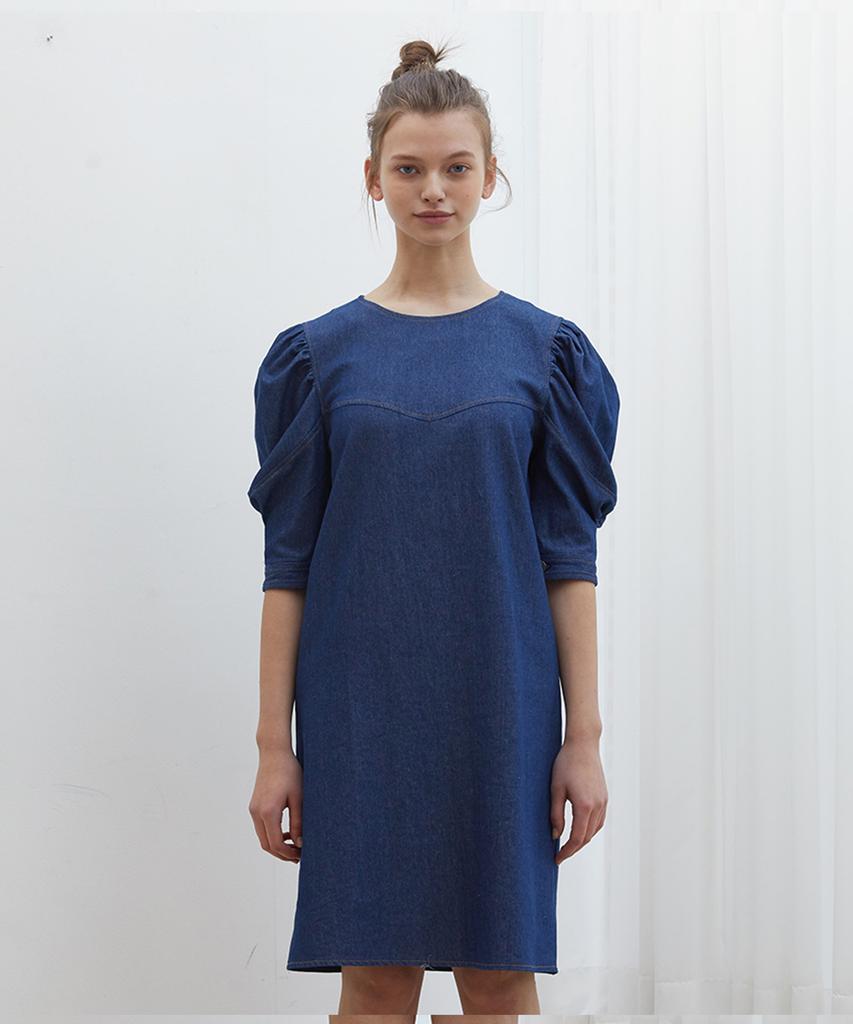 Near And Dear Puff Sleeve Denim Dress Blue