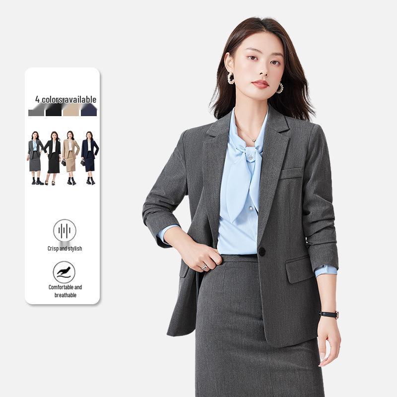 Women's Formal Mid-Length Suit Set: Black/Navy Blue Blazer for Autumn Business, Interview & Professional Wear