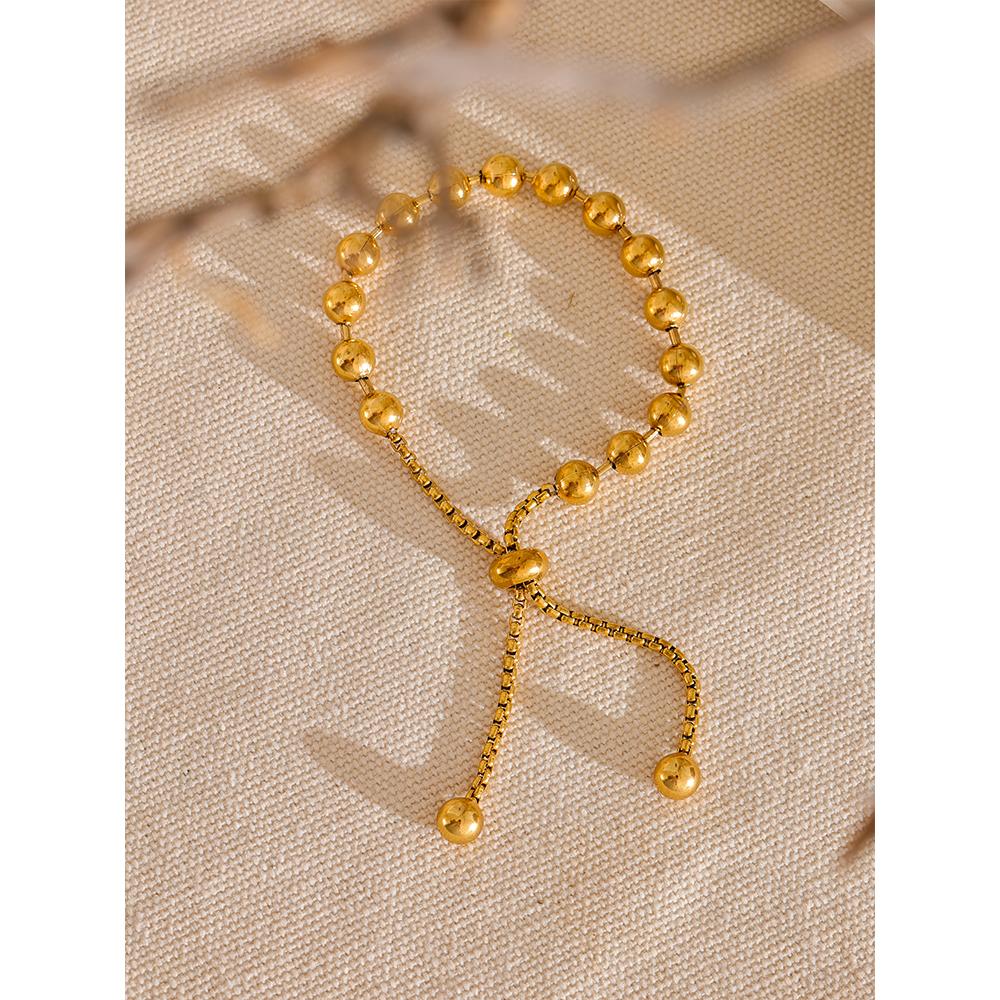Eetit 18K Gold Color PVD Plated Metal Beads Chain Adjustable Bracelet Bangle Statement Waterproof Summer Daily Jewelry