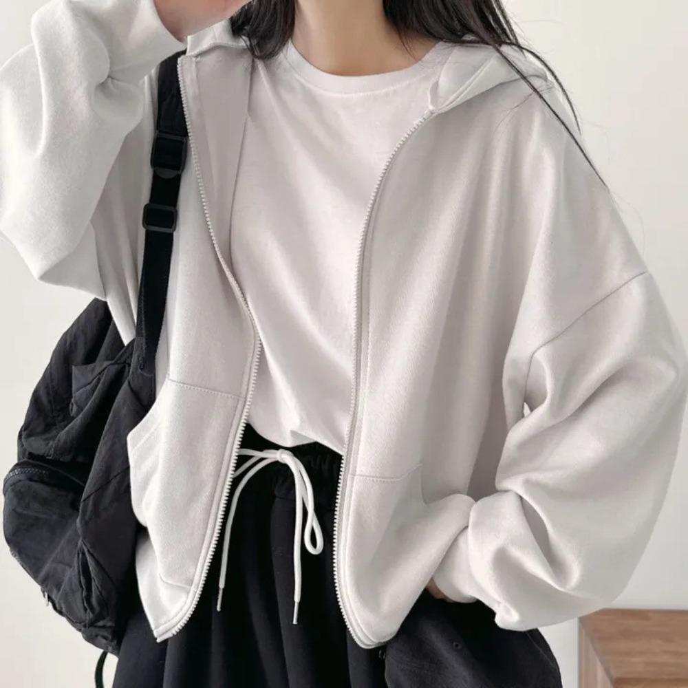 Women's Hooded Long Sleeve Zip Up Cardigan Oversized Fit Casual Top Solid Color Cropped Hoodie Jacket