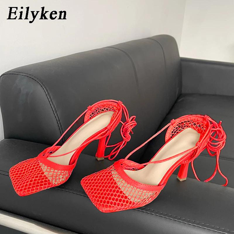Mode Eilyken Neue Sexy Weiße Aushöhlen Mesh Damen Pumps Sandalen Eckige Zehen Hoher Absatz Knöchel Schnürung Überkreuzt Partykleid Damenschuhe