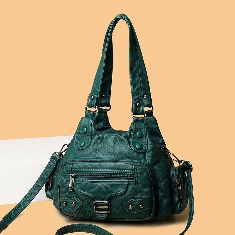 

Женская сумка из вымытой кожи, сумка-тоут, ретро-мода, заклепки, мягкая кожа, сумка-тоут, многокарманная, большой вместимости, сумка-мессенджер зелёный
