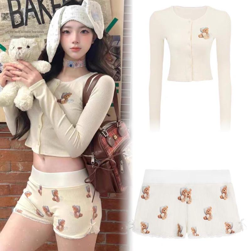 "Girls' Pure Desire Bear Print Suspender Pajama Set with Chest Pad - Summer Slim Fit Vest and Shorts"