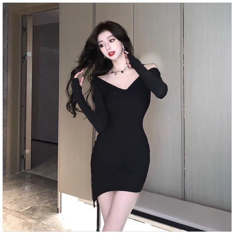 He Xiaoben Fragrant Celebrity Sexy Temperament Irregular Suspender Off-the-shoulder Dress Hip-wrapped Short Dress Black Dress