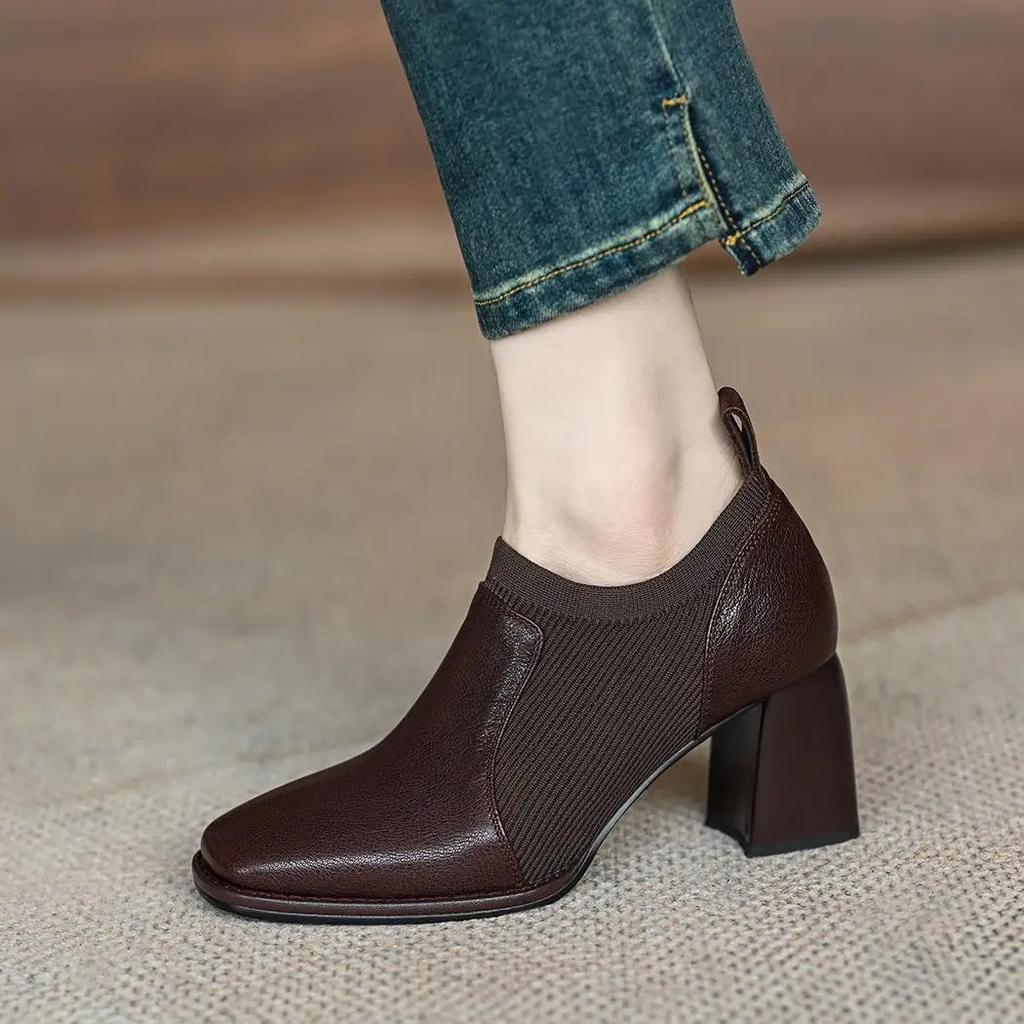 New Women Retro Naked Boots Stretch Knitted Autumn Shoes Slip On Square High Heels Ankle Black Boots