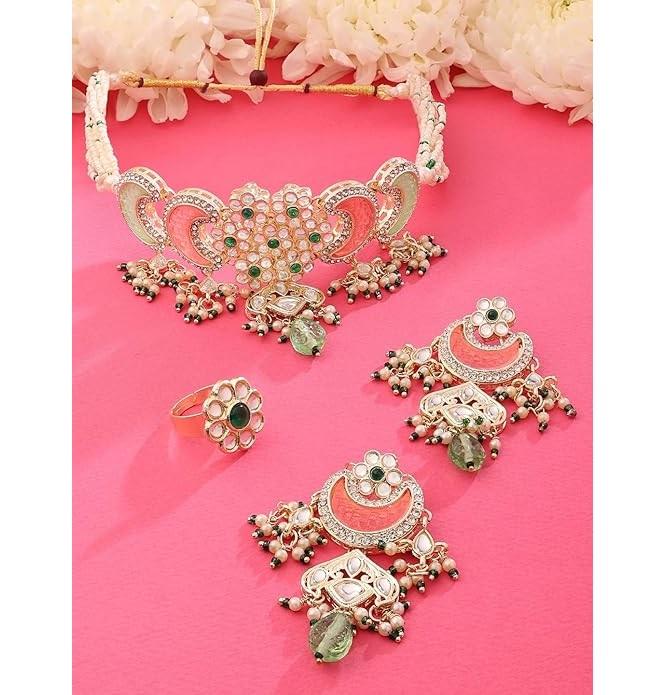 Pink Green Stones Beads Multistrand Kundan Choker Necklace Earring & Ring Set For Women