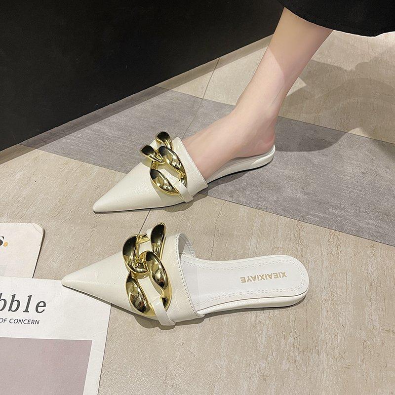 Fashion Aphixta 2025 Fashion New Big Chain Mules Women Slides Pointed Toe Ladies Shoes Summer Footwear Slippers
