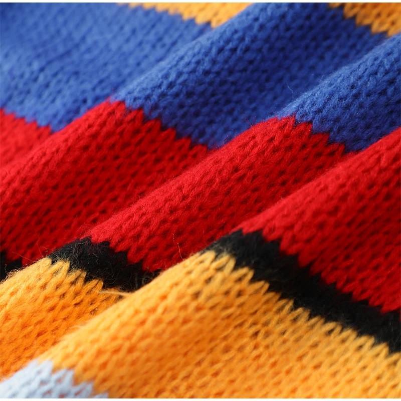 Color Block Striped Loose Knit Sweater Womens Casual Long Sleeve Rainbow Pullover