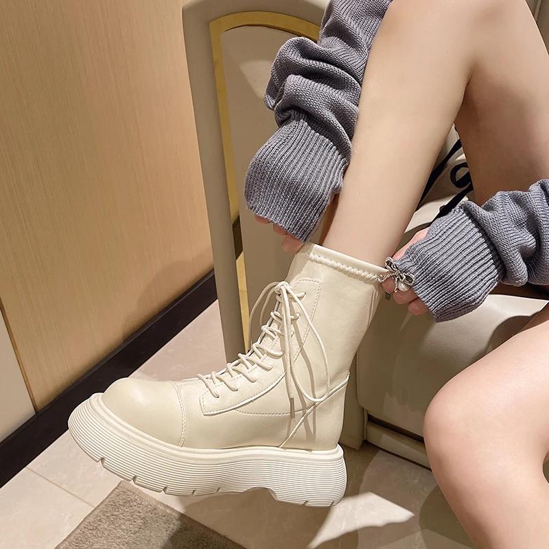 Mode Kurze Stiefel Damen 2024 Neu Britischer Stil Dicksohlige Fly-knit Elastische Stiefel Mittelhoch Absatz Dünne Stiefel Ins Dünne Schuhe Hoch