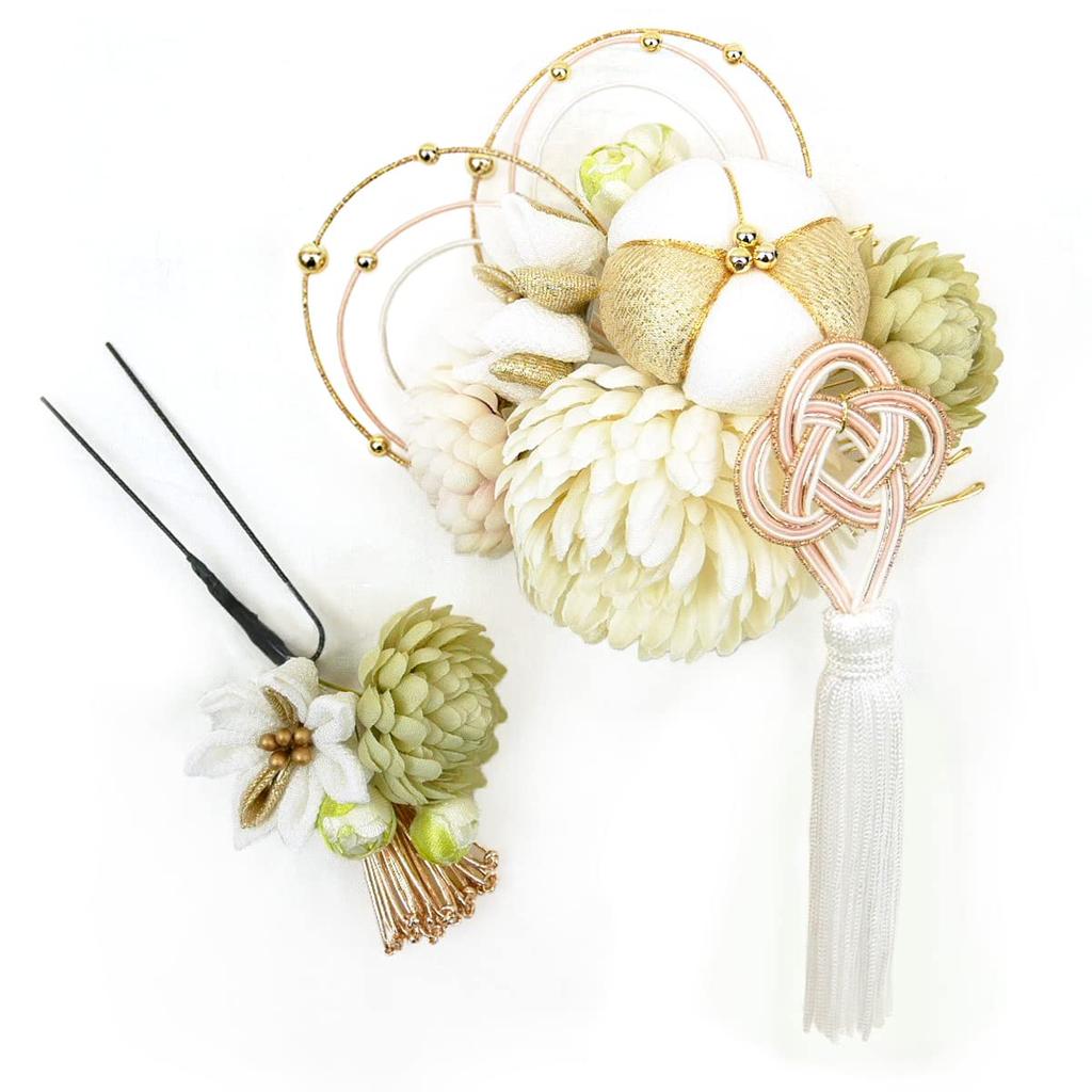 Hair ornament set Furisode ceremony Tsumami work Mizuhiki white 2-piece coming-of-age kk-s-014