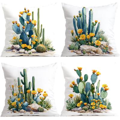 4pcs Watercolor Cactus Pattern Cushions Pillowcase Polyester Cushion Cover Throw Pillow Pillowcover Home Car Sofa Decor