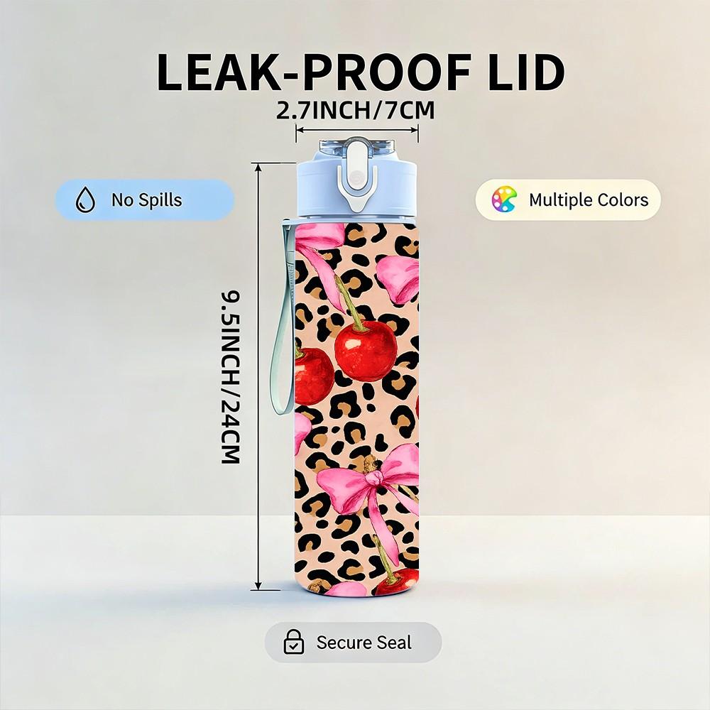 1PC Leopard Print Red Cherry Fruit Print 750ml Color Plastic Sports Water Bottle Leakproof Flip Straw Lid Suitable for Sports Office Home Use
