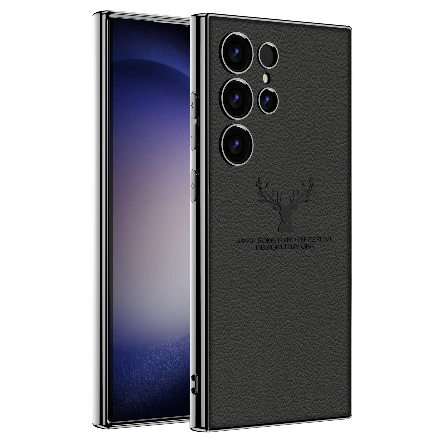 

For Samsung Galaxy S23 Ultra Case Deer Pattern Electroplating TPU+PC+PU Phone Back Cover Black