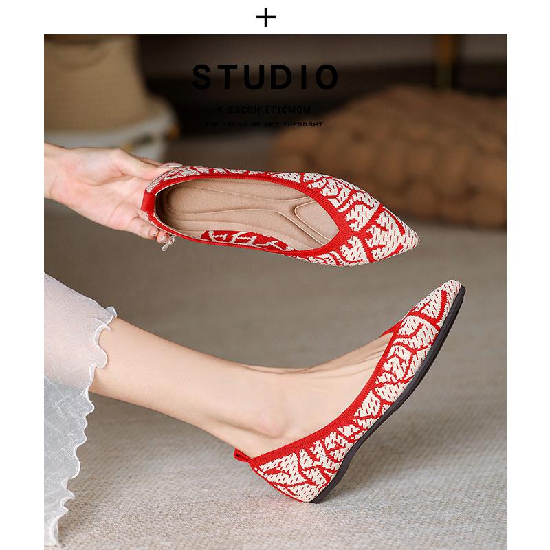 Fashion Women 2024 New Spring Autumn Retro Elegant Casual Pointed Toe Shallow Mouth Knitted Breathable Soft Sole Single Shoes