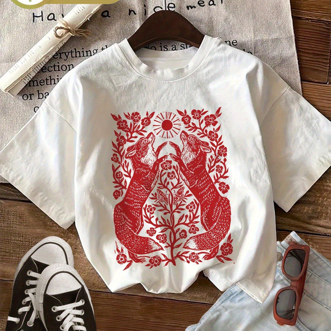 

2026 Summer Retro Womens Fox Flower Print TShirt Unisex Cotton and Breathable Short Sleeve Oversized Loose Casual 4XL