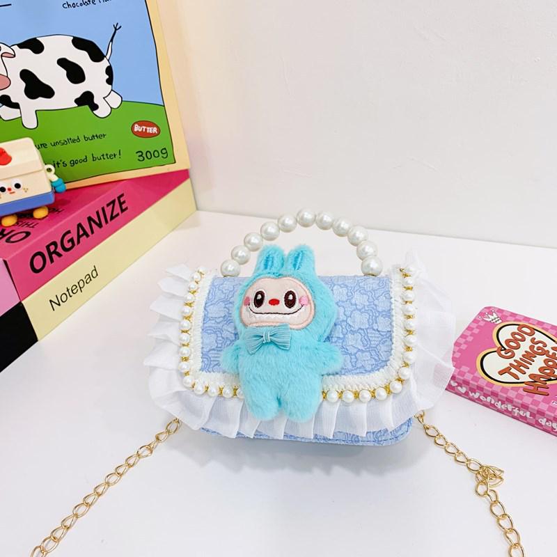 Labubu Children's Plush Lace Pearl Shoulder Bag - Crossbody Storage for Kindergarten Kids