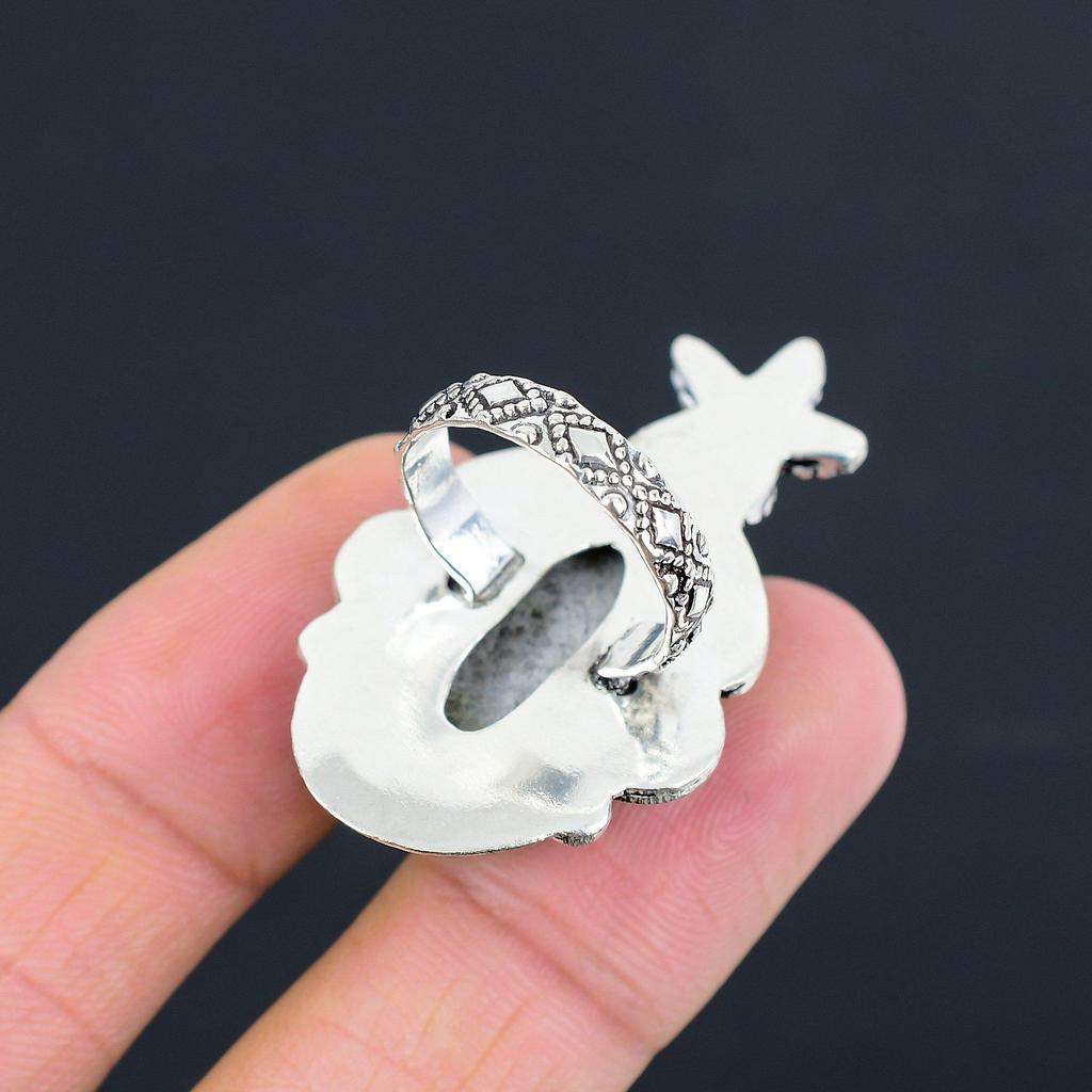 Sterling Silver Stingray Coral Gemstone New Flower Solitaire Statement Ring US 7