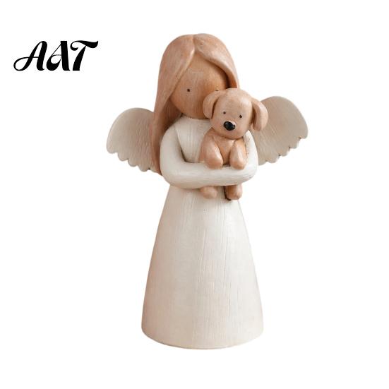 Unique Gifts for Cat Owners Angel Holding Puppy Figurine, Cute Dog Resin Statue Home Heartwarming Pet Keepsake Desk Decor, Handcrafted Wood