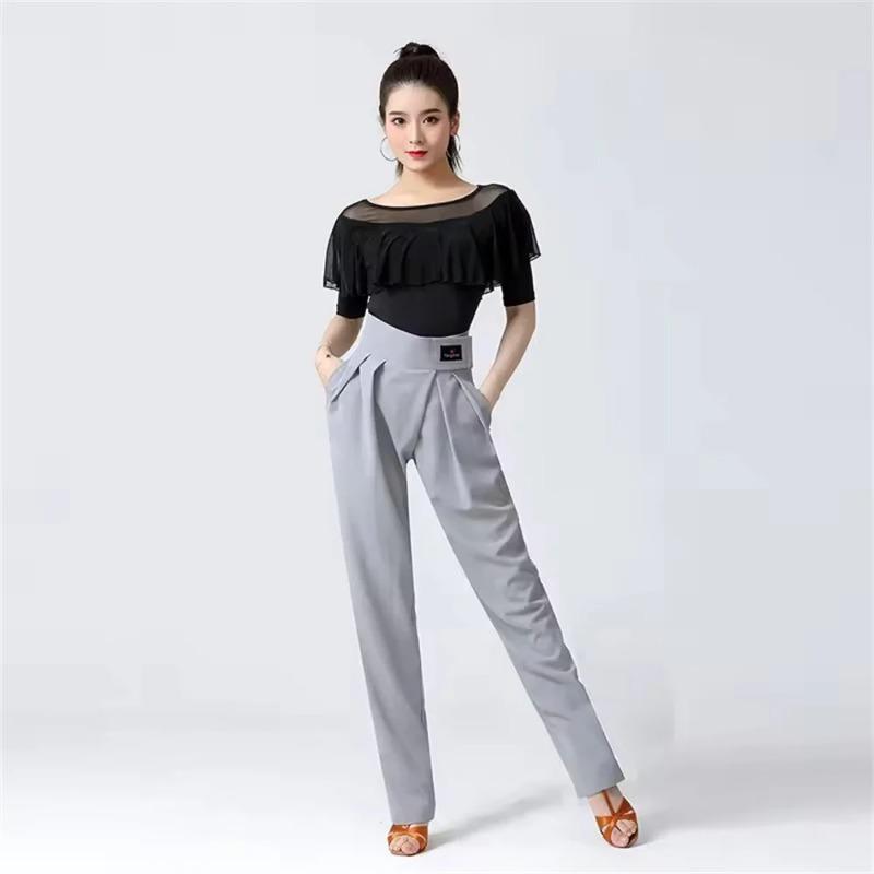 Hohe Taille Damen Latein Modern Dance Hose Professionelles Enges Bündchendesign Hose Dame Ballsaalhose Tasche