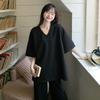 Lazy Style Right Shoulder Black V-neck Large Size Short-sleeved T-shirt for Women with Summer