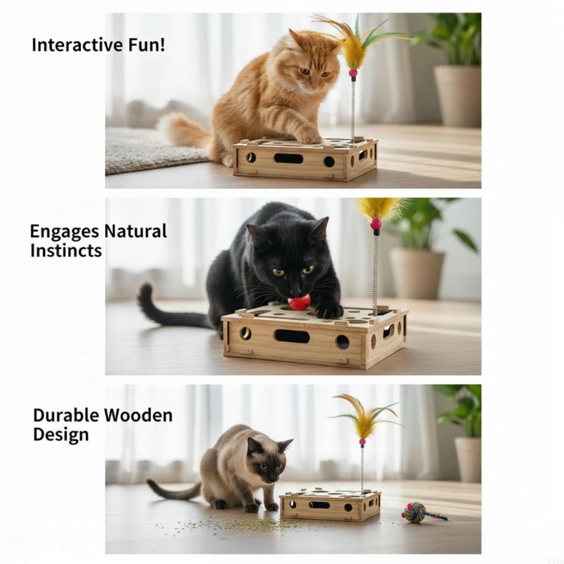 Wooden Interactive Scratch Puzzle Cats Enrichment Toy with 3 Bells Ball for Exploration Scratching Playful Entertainmen