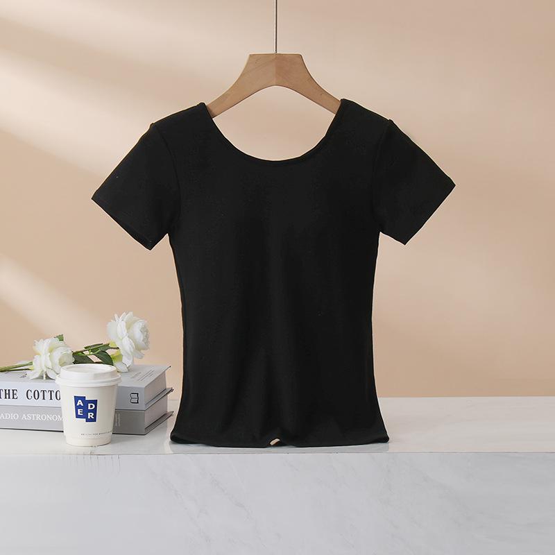 Dámské tričko s krátkým rukávem bez podprsenky - Čistá bavlna, Všitá podprsenka, Krásná záda, Zeštíhlující střih, Letní top