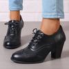 Britské dámské kotníkové boty Oxfords Vysoké blokové podpatky Lodičky Hnědá kůže Kulatá špička Společenské Kancelářské Dámské Šněrovací Vintage Boty