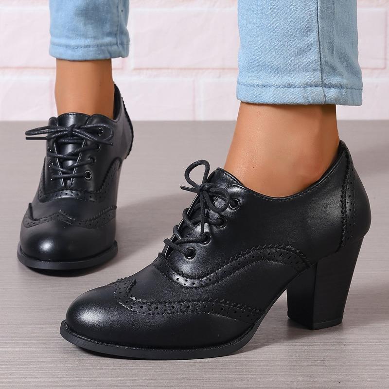 Britské dámské kotníkové boty Oxfords Vysoké blokové podpatky Lodičky Hnědá kůže Kulatá špička Společenské Kancelářské Dámské Šněrovací Vintage Boty