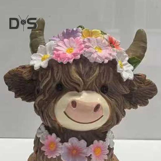 2Pcs Highland Cow Dwarf Ornaments Brown Finish Cattle Figure with Pink Flowers Bookshelf Fireplace Home Decor