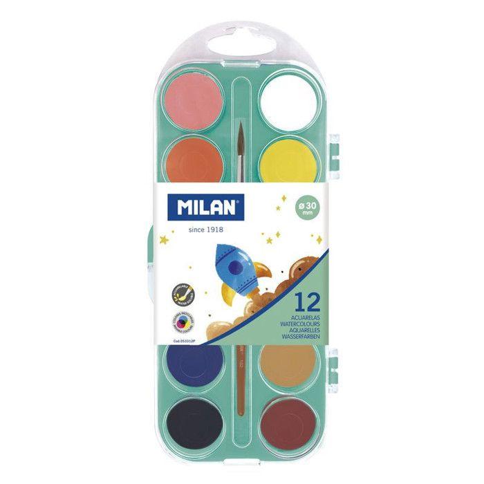 Palette de 12 pastilles peinture aquarelle opaque avec pinceau Milan