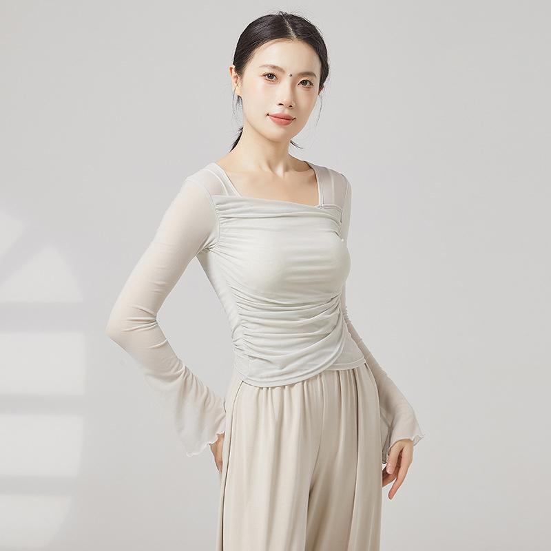 Women Dance Top Summer Mesh Short Sleeve Pleated Adult Modern Dance Jazz Ballet Shirt Classical Dance Wear See Through Costume S
