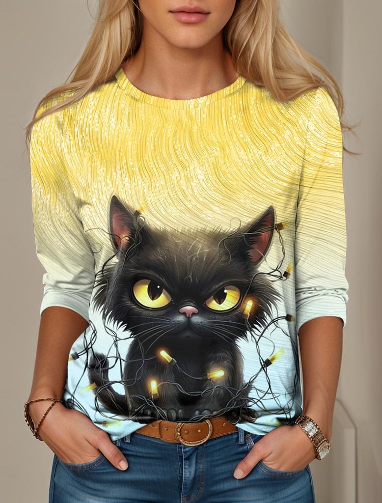 Gradient Love Graphic 3D Print Crew Neck Long Sleeve T-Shirt Fashion Womens Clothing Casual Y2k Clothes Harajuku Female Clothing