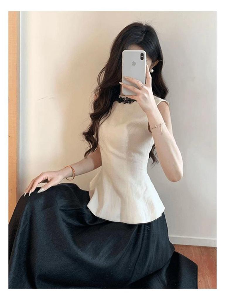 Damen Ärmellose Sommer Weste mit Taillenschnürung und High-Waist Rock Set
