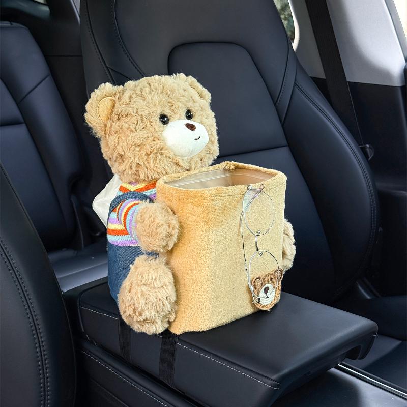 2 in 1 Cute Bear Car Tissue Box & Waste Bin Multifunctional Armrest Storage for Small Auto Accessories