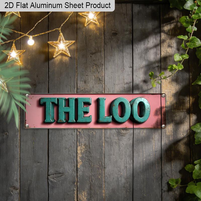 2D Flat 1pc Vintage British Humor Aluminum Sign "THE LOO" with Distressed Pink Background & Green Letters 15.7x3.94 Inch, Retro Metal Wall Plaque for