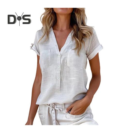 Dámská košile Knoflíky s výstřihem do V Poloviční léga Košile s krátkým rukávem Topy Jednobarevné Nášivka Kapsy Volný střih Letní Neformální košile