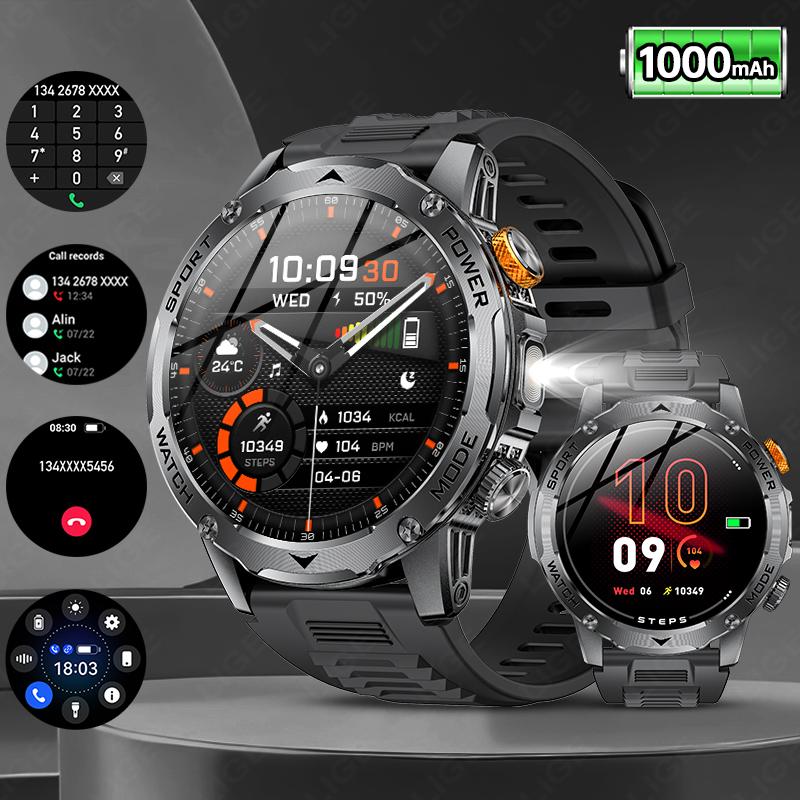 

New Smart Watch Men 1000mAh Battery Outdoor Flashlight Bluetooth Call Heart Rate Waterproof Fitness 100+ Sport Smartwatch чорний