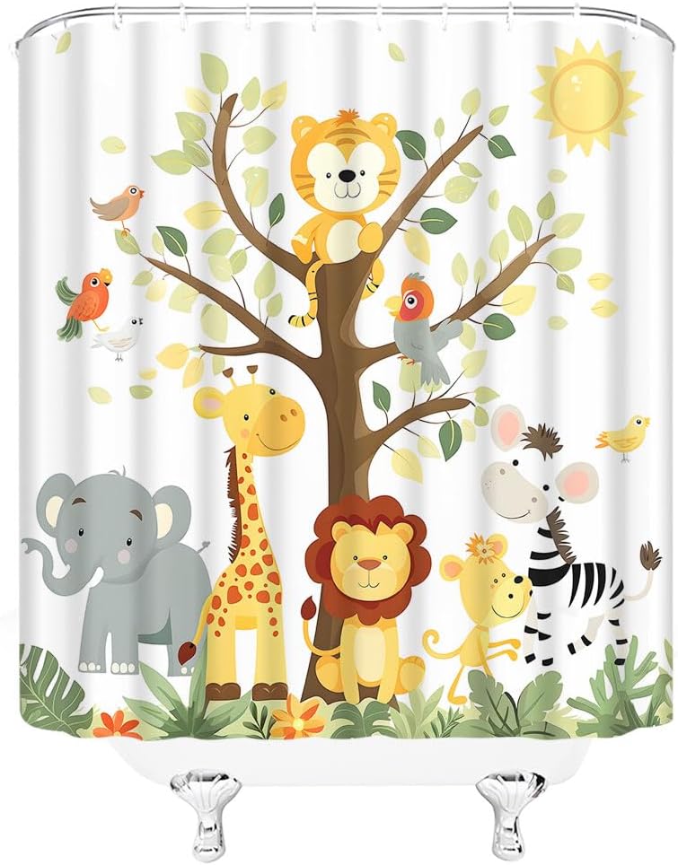 Safari Animal Shower Curtain Cartoon Elephant Giraffe Zoo Animals Forest Monkey Zebra Boys Girls Jungle Bird Parrot Boys Girs