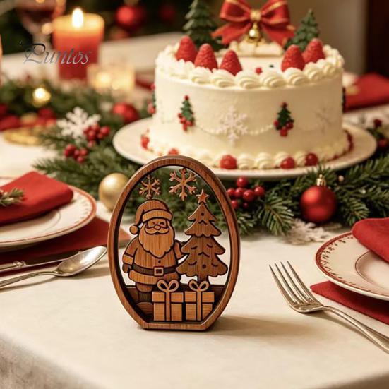 Holiday Desktop Decorations 3Pcs Christmas Santa Claus And Tree Ornaments, Wooden Oval Table Natural Wood Crafts Centerpiece, Solid Ornament for Home