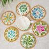 6pcs Decorative Boho Coasters with Gold Holder- 4inch Rattan and Mother of Pearl Shell Cup Mat for Coffee Table,Set of 6 Decorative Boho Colorful