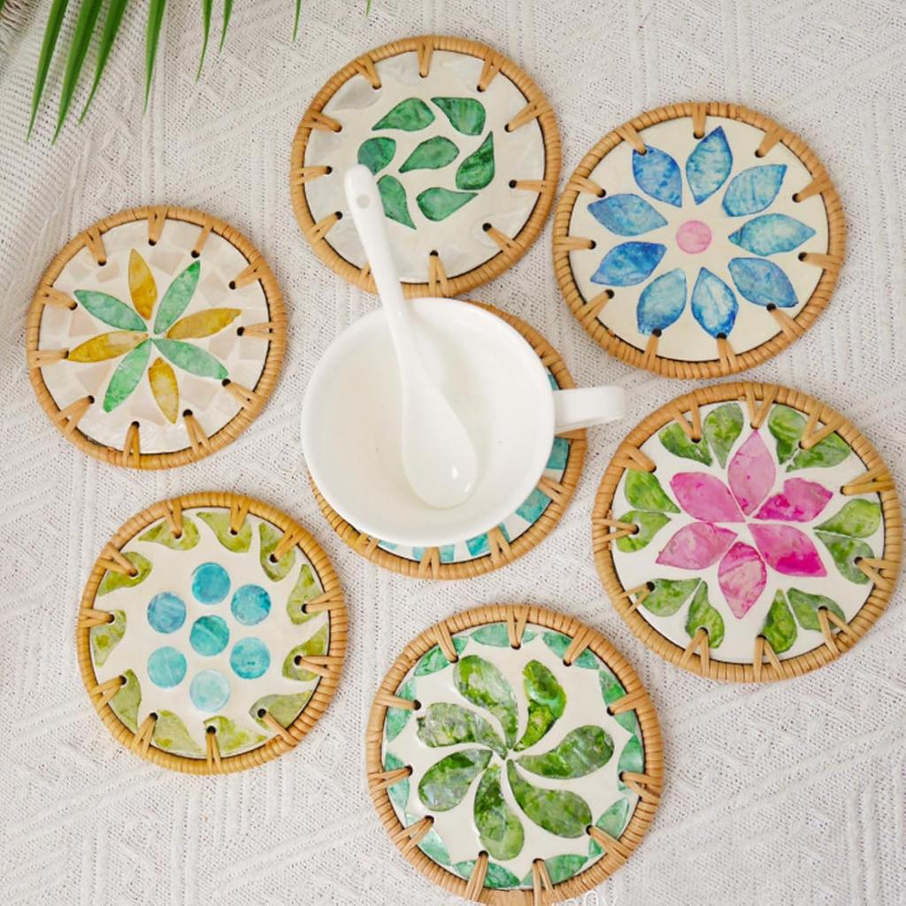 6pcs Decorative Boho Coasters with Gold Holder- 4inch Rattan and Mother of Pearl Shell Cup Mat for Coffee Table,Set of 6 Decorative Boho Colorful