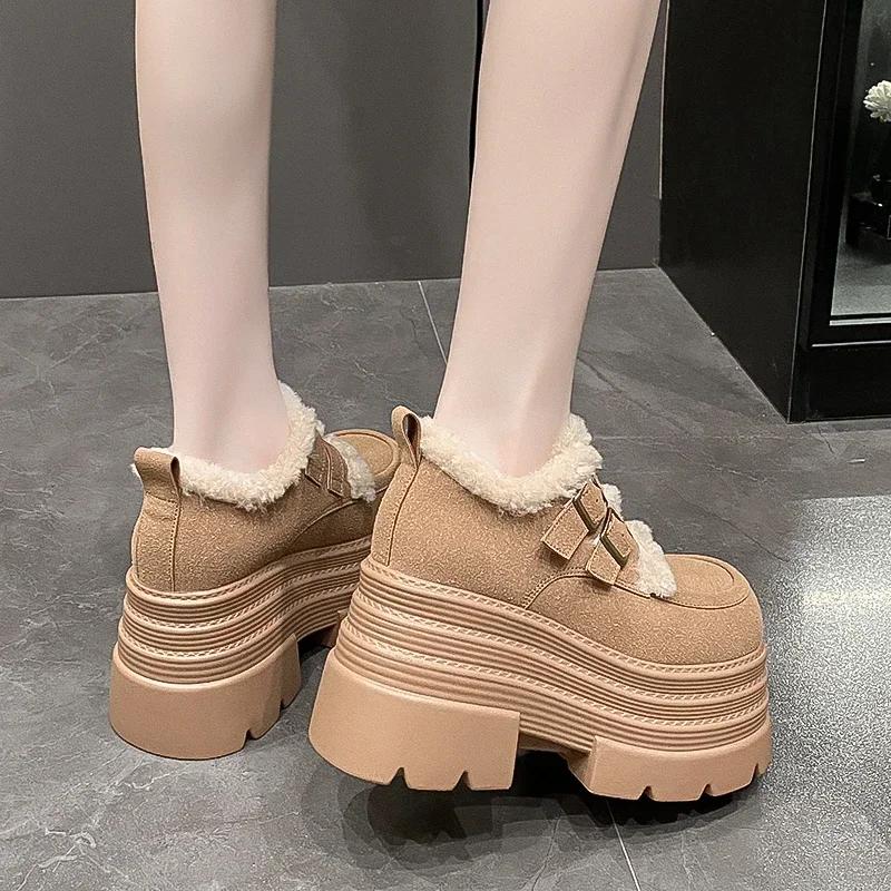 10CM New Winter Chunky Casual Snow Shoes Woman High Platform Wedge Heels Warm Fur Sneakers Fashion Women Buckle Leather Shoes