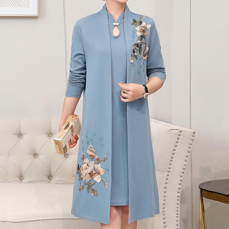 Embroidered Women's Dress Set Spring Autumn Collection Fashionable Mom Dress Jacket
