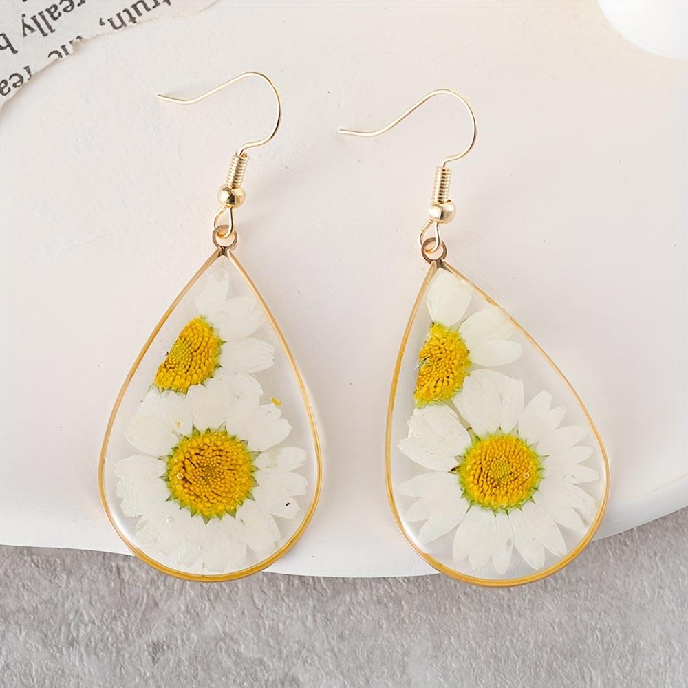 

Женские богемные серьги-капли воды с сухоцветами, милые серьги-подвески ручной работы из смолы с прессованными цветами маргаритки