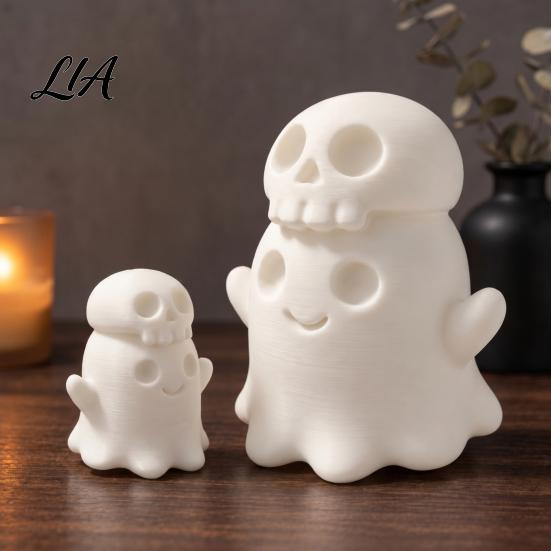 Small Halloween Collectibles 3D Printed Cute Ghost Skull Figurine, Stacked on Plastic Skeleton Decor Statue, Spooky Desktop Ornament, Fun Holiday
