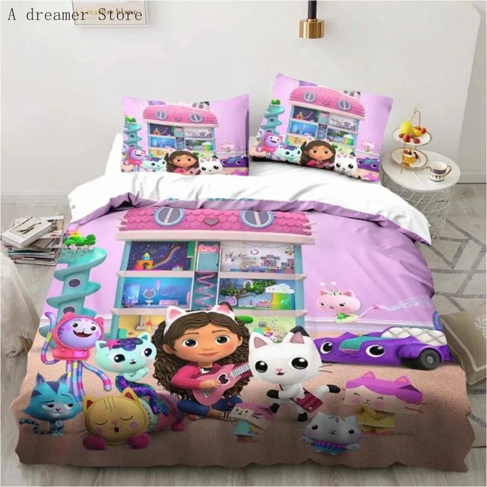 Gabbys Dollhouse Characters Bedding Set Cartoon Duvet Cover Pink Bedclothes Single Double Queen King Size For Girl Bed Set