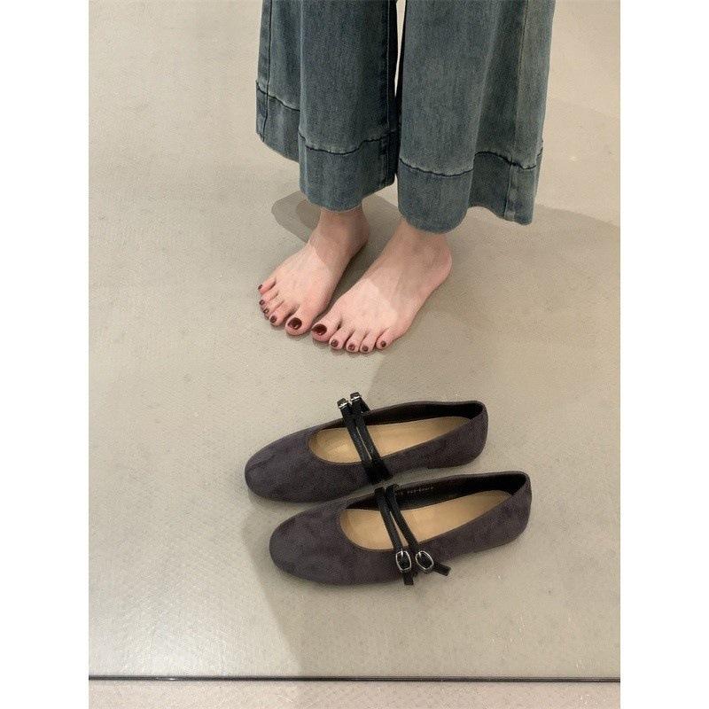 French ballet style one-word buckle single shoes women's shoes 2025 spring and autumn round head Mary Jane shoes suede versatile flats